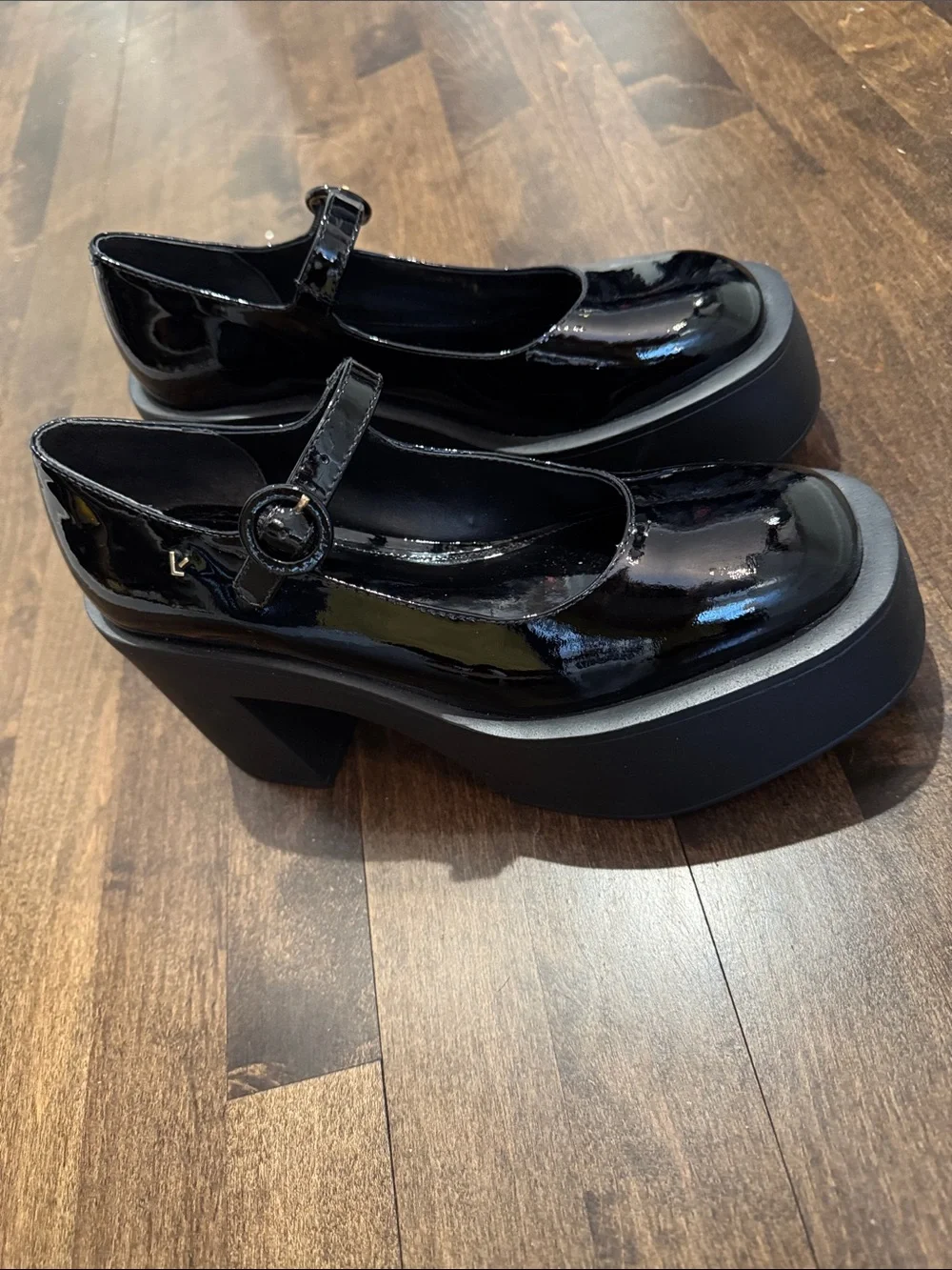 Larroude Black Patent Platform Mary Jane Pumps